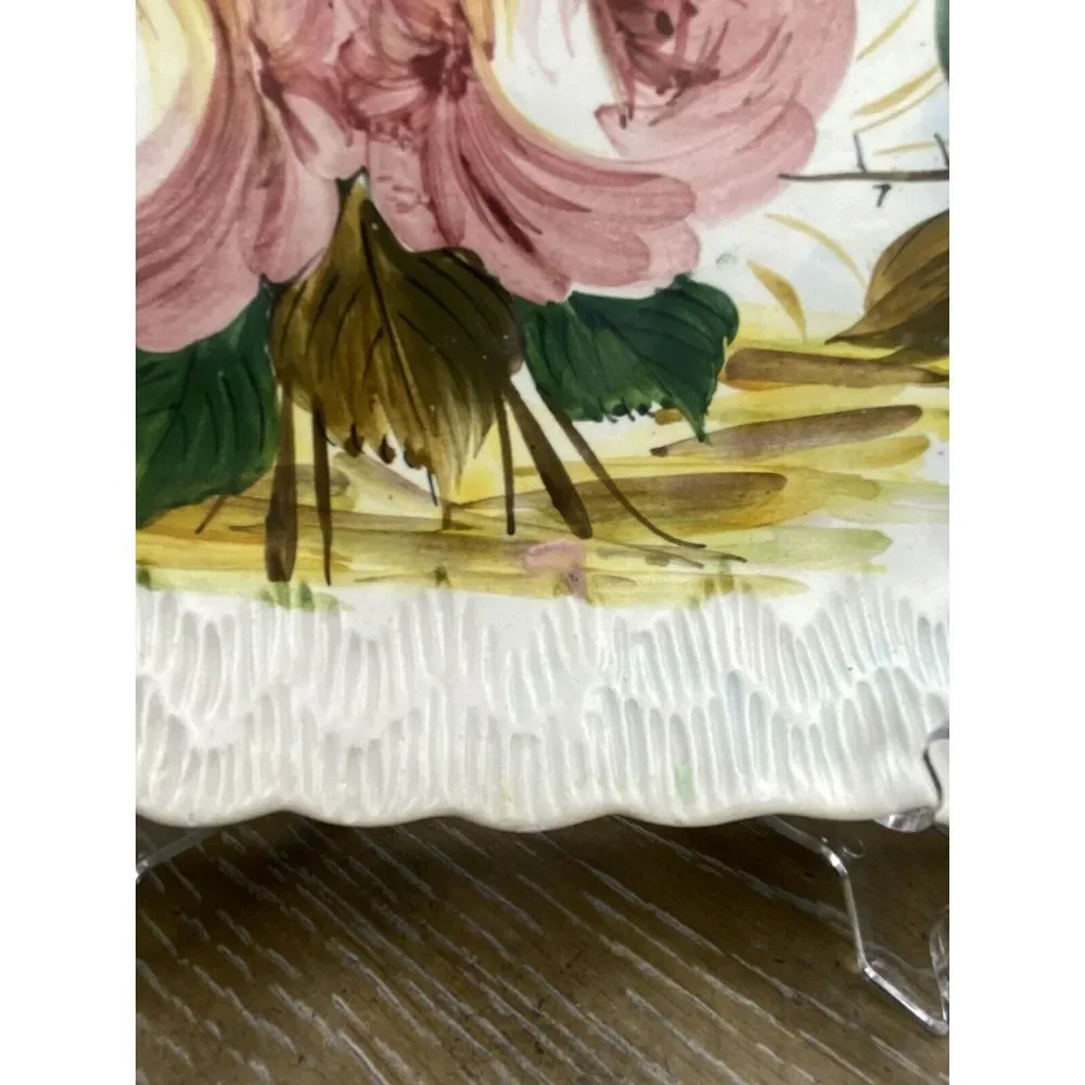 Vintage Italy Rose Painted Tray Ceramic Serving Dish Oblong Textured Cottagecore